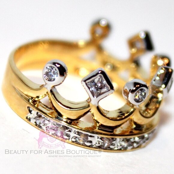 Cubic Zirconia Royalty Princess Clear CZ Two Tone Gold Plated Crown of Life Ring - Picture 2 of 5